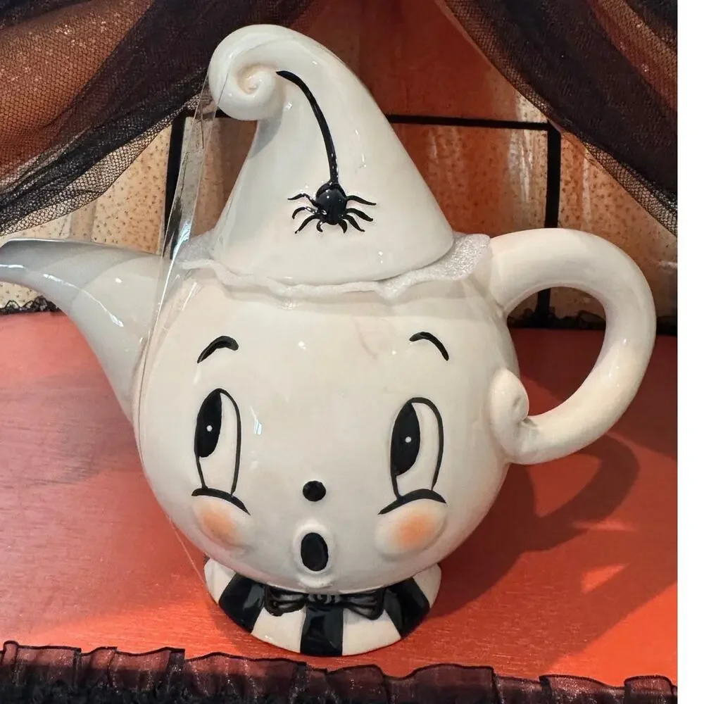 NEW Johanna Parker Halloween Ceramic Ghost Teapot Spider, Lid VTG Style